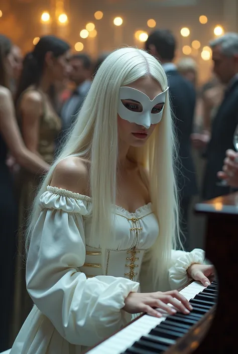 A young woman with long straight silver hair playing the piano in the middle of a party .  She wears a white princes costume from medieval times and her face is covered by a white mask. 