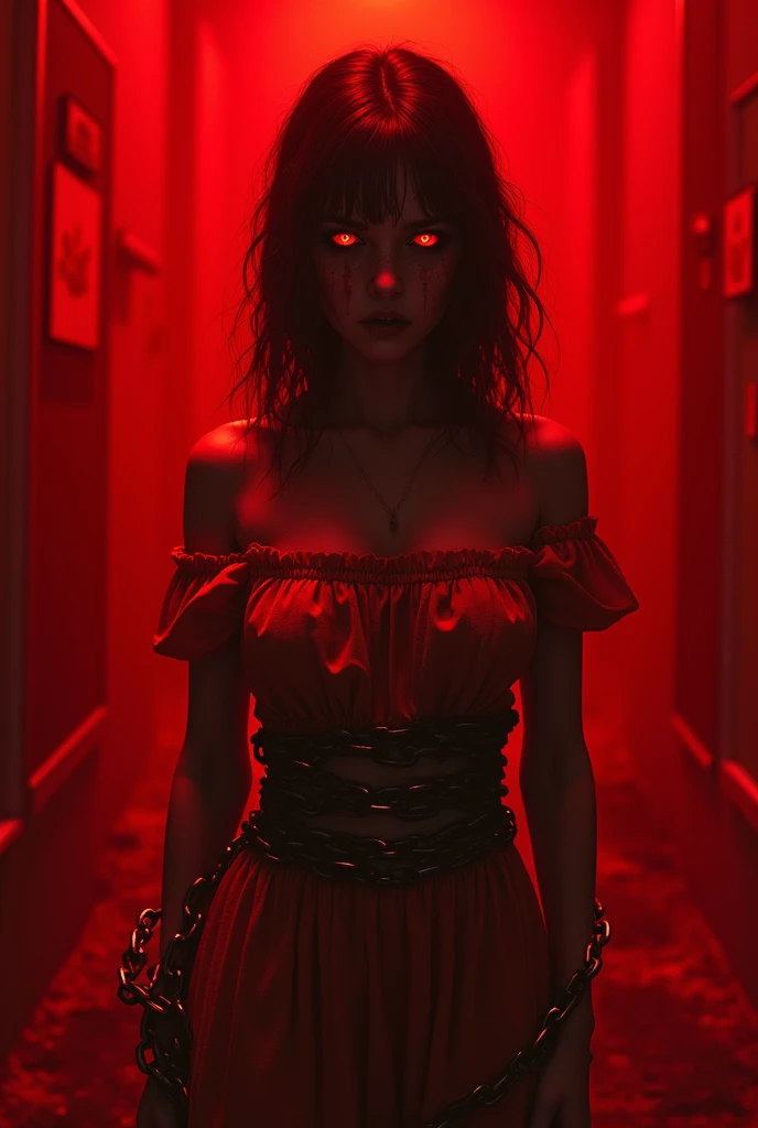 A girl who is 28 years old and that girl is tied with a chain and the whole background is red and her eyes are also red and that girl is wearing an off shoulder dress 