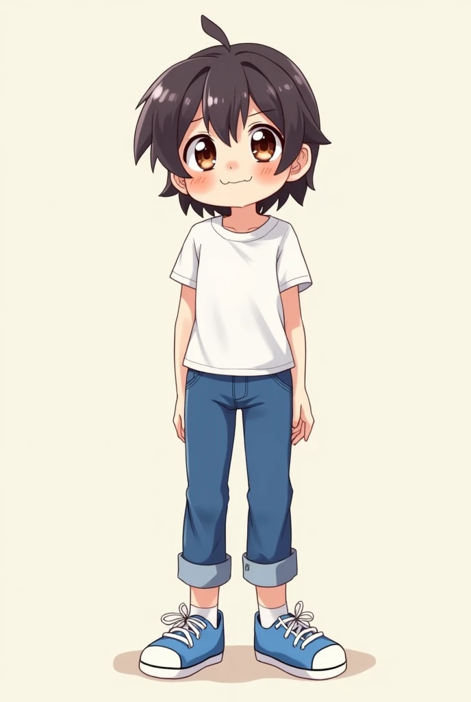  Anime Style，A cute ，A cute  wearing a white T-shirt ， Blue jeans ， blue cool ball shoes 