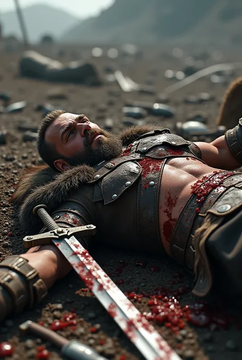 Bearded Viking , with short and handsome hair ,  lying on the floor with a sword stuck in his stomach 