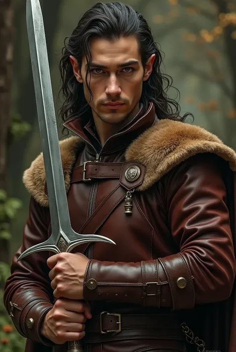 a close up of a person in a leather outfit holding a sword, a character portrait inspired by Steven James Petruccio, deviantart, renaissance, paul atreides, male wood elf rogue, karl urban as a dragonslayer, attractive male with armor, male rogue, male elf...