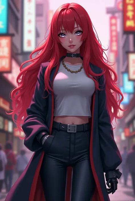 Elvira-4 , Gynoid bonita,  long wavy red hair, silver eyes, big, bouncy breasts ,[ notice a Japanese coat ],[Japanese T-shirt],[Japanese pants],average:Illustrations,  detailed face gloves, ,,[ Best Quality :1.2],[ highres icon,4K], vibrant colors,bokeh ef...