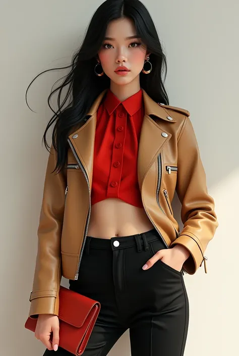  A girl with long black hair with a layered cut ,  light tan leather jacket wearing casual clothing ,  a long straight cut black pants ,  a short vermilion blouse , a black ,  your not so high pointed heels to match the short vermilion blouse ,  her Hermes...