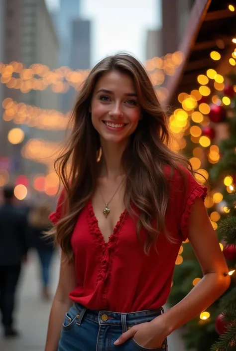 woman,  gemini sister, brown hair, brown eyes, smile, jean, red dress, Chicago, Christmas,  High Resolution