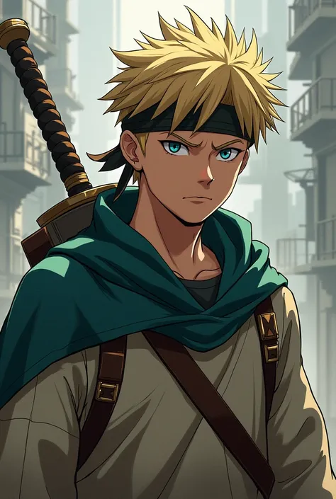  A teenager with blue eyes and large blond hair with a large sword around his back and as an accessory a headband/ bandana on your head , And your face is serious , something more like a seinem  