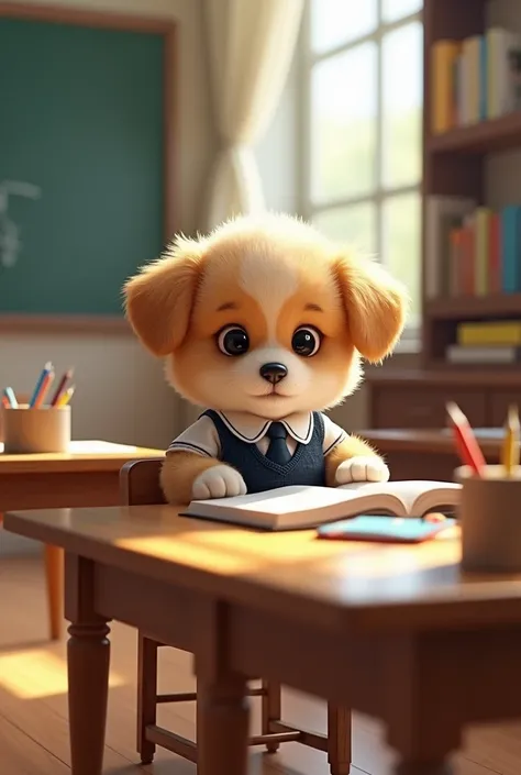 cute puppy in school uniform reading books in classroom