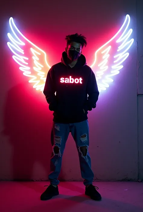  a s indian boy confidently against a dark wall, illuminated by a vivid neon. They wear a black hoodie, black joggers with the text “SABOT”clearly written in neon light on hoodie and also wearing a face mask and looking so cute,stylish hair with their hand...