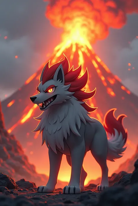 Create a pokemon based on a wolf with a criniera made of fire. It is grey, qhite and red, mostly white and red. Very fierce, standing in front of a volcano.