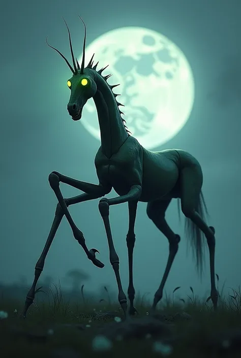 A hybrid of a mantis and a horse, standing in a field under a full moon. The creature’s body is graceful like a mantis, but with the long, segmented legs of a horse. Its glowing eyes are focused and eerie, while its front limbs are poised as if ready to st...