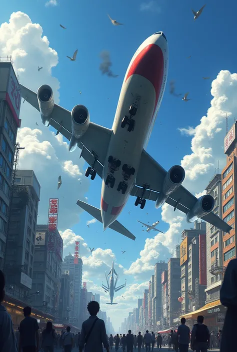 An anime dramatic plane crash of boeing 747 in japan tokyo city