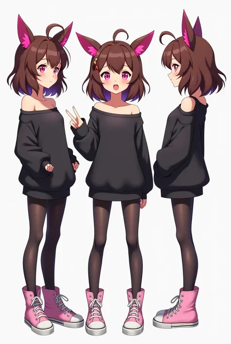  A young-looking anime character ,  with brown hair with pink tufts ,  pink eyes ,  a long sleeve black sweater , that uncovers the shoulders ,  leg tights and light pink converse booties ,  add the character several times with different expressions and pe...