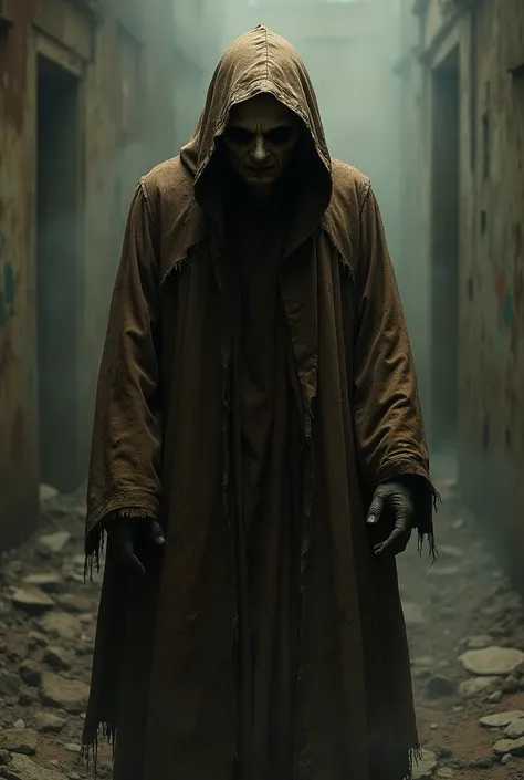  Rorschach from Watchmen in an old and dirty brown robe, looking dark and on the verge of madness 