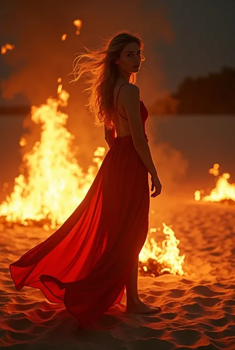 Picture a deserted beach at night, the sky alight with the fiery dance of a bonfire. Im standing there, the flames casting a warm glow on my body, the heat a stark contrast to the cool sand beneath my feet. Im dressed in a flowing, fiery-red dress that cli...