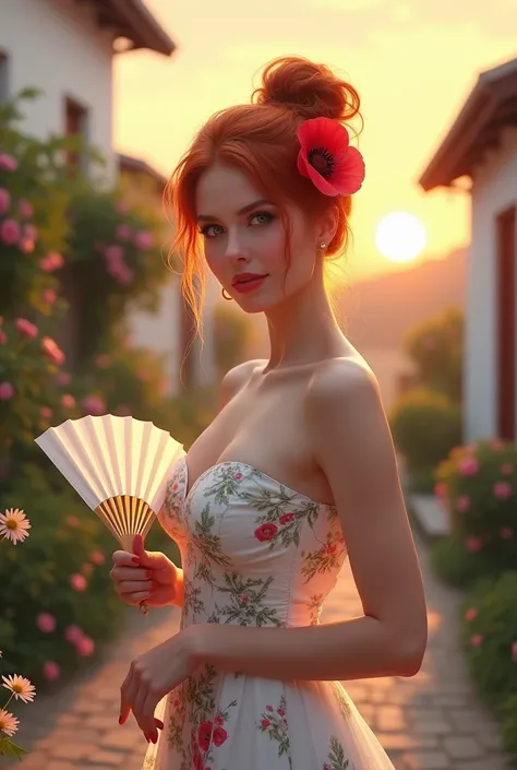 Pelirroja, beautiful 35-year-old woman,pechos grandes, caderas anchas, hair tied up with a poppy in her hair, strapless dress, white flower print, with a white fan on a rural street of white houses decorated with flowers, at sunset, 8K, hyperrealism, maste...