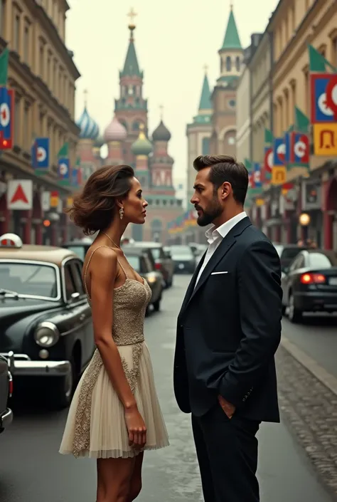 european rich woman in short dress with taxi driver in russia