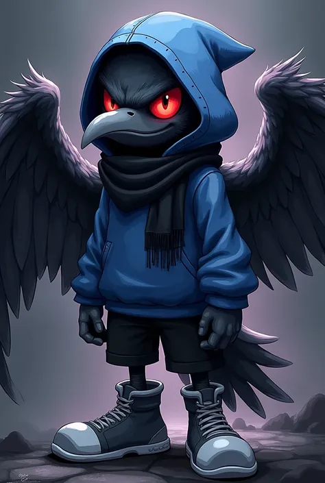  Evil anthropomorphic raven with blue hooded sweater, black scarf ,  black shorts , gray sneakers , Dark shading,  expelling dark energy ,  dark shadow behind with red eyes ,  Mobian Furry style , Sonic anime style  , In Sonic Mobian style sketch 