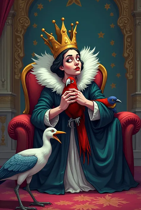 A queen is strangling her pet parrot while a heron and a dove are watching.annimated cartoon

