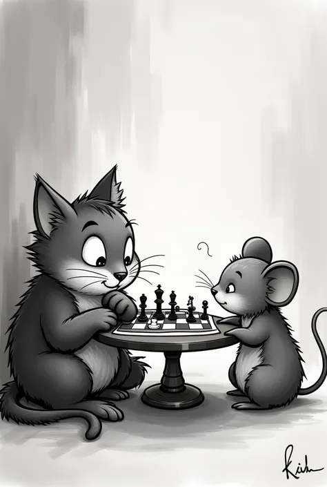 



“A black-and-white cartoon cat and a small mouse sitting at a tiny table, playing a game of chess. The cat has a focused expression, one paw resting on its chin, while the mouse moves a chess piece. The monochrome scene is cozy and detailed, with a che...