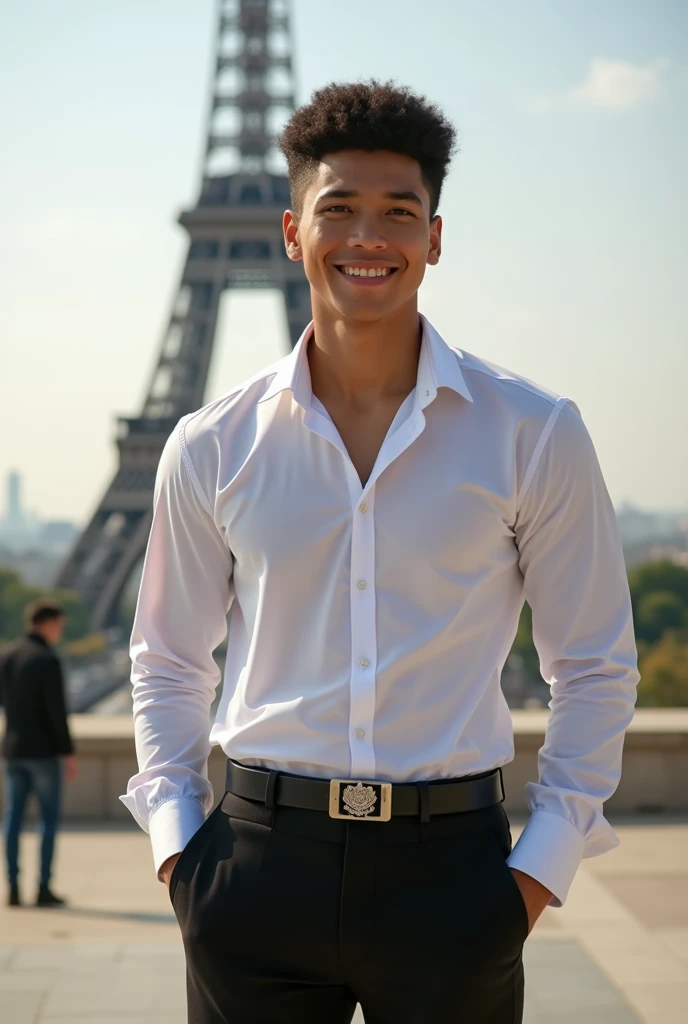 A highly detailed, photorealistic image of muscled Asian-Italian man, 18 years old, with fair skin. Casual outdoor Portrait, Front Angle, Eye-level Shot A, he is enjoying a sunny day, standing confidently with a soft smile. He is also handsome, attractive,...