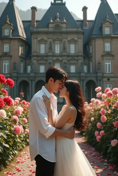 Korean teen man, tanned, handsome, tall, brown hair, brown eyes, discreet handsome, wearing white shirt, hugging, asian teen woman as tall as a man, handsome, brown eyes, long brown hair wearing a white dress. The background is a huge mansion built of blac...