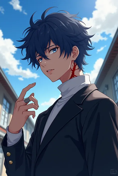 Masculine anime boy in school with dark blue hair, and a big red scar on the neck, with messy hair, midday, sun painted sky, Black Japanese school uniform with a white turtleneck, A silver ring on his hand, masculine, white eyes