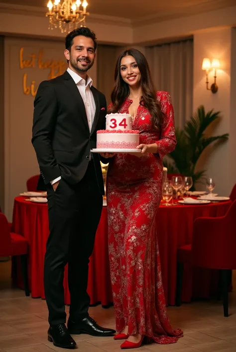 a full body photo of a woman with long hair wearing a red kebaya wearing red shoes is standing while carrying a birthday cake, there is a number 34 on it and the words "happy birthday Sifa". standing next to him was a man wearing a suit and shoes, a romant...