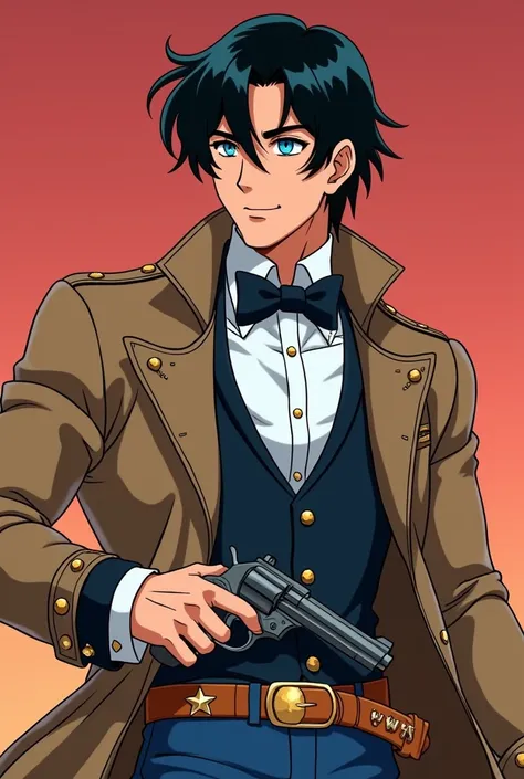 darien..( Tuxedo mask anime )..a man with a strong body ,  short black hair split in half with locks that fall over her blue eyes, light skin, dressed as a cowboy ,  light brown boots with his star spurs ,  khaki leather vest showing his marked pectorals ,...