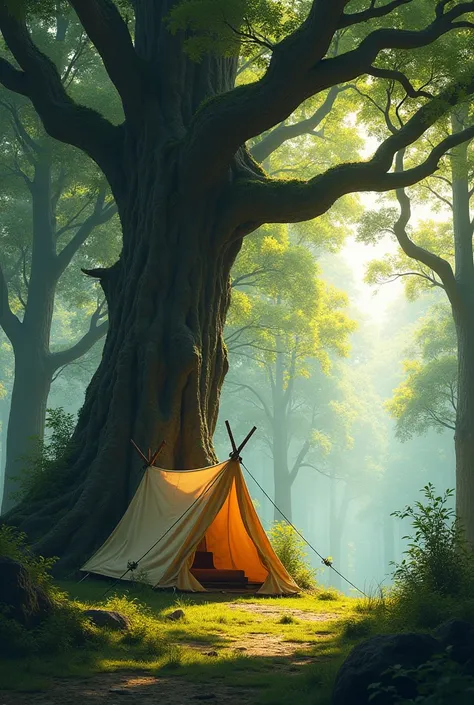 Tent next to a cleric tree in a forest on a late afternoon 