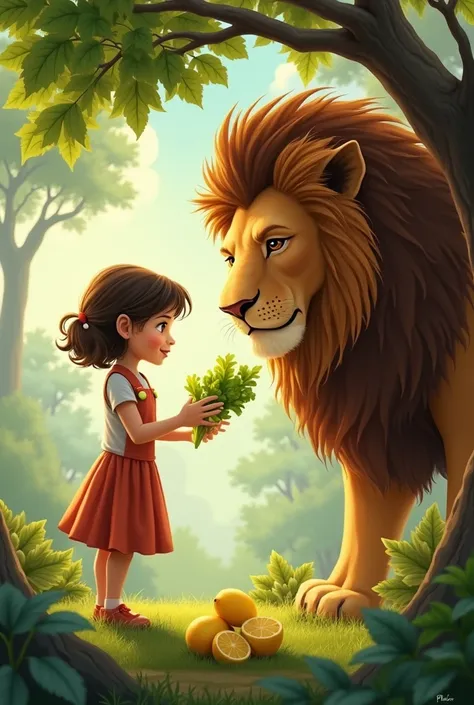 a girl giving a lion lemon and lettuce to eat under a tree