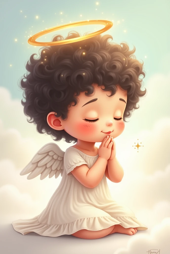 I want a cute cartoon style of a little angel with dark curly hair, white pele, Praying from the side 