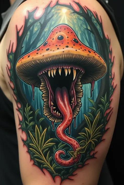  A tattoo of a mushroom with sharp teeth and (without eyes) Sticking out his huge tongue in a forest 