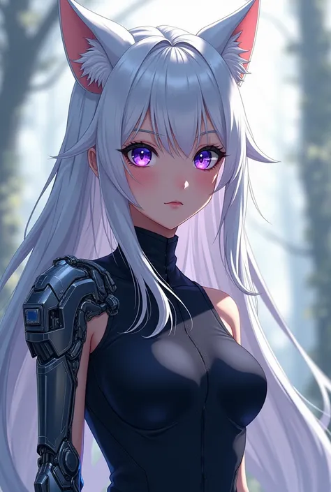  anime girl image, half wolf, long and white hair. with ninja clothes, with a robotic arm , black eyes with purple irises