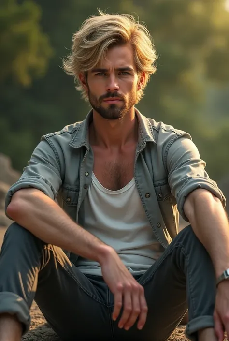 A blonde boy with wavy hair, short beard and big crotch sits with his legs stretched out, taking a realistic photo