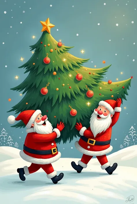 The two left-handed Santa Claus carrying the Christmas tree drawing

