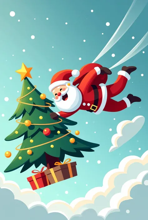 Santa Claus with Christmas Tree Skydiving Graphic Drawing

