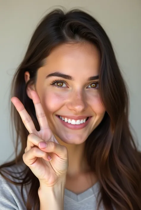  Basic Instagram profile photo of a white girl with black hair and honey-colored eyes, while smiling and making the peace symbol with her fingers 