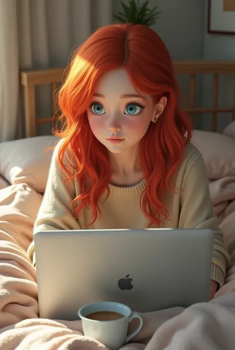 Red-haired blue-eyed girl in a beige sweater with a laptop and coffee on the bed