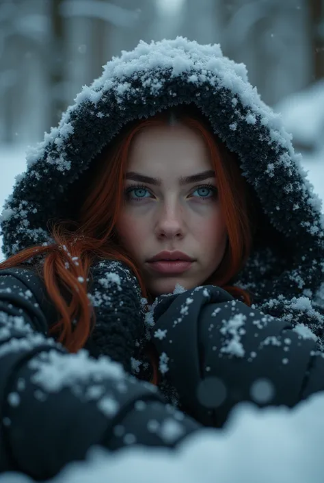  black widow lying in a snowy winter landscape, detailed facial features, detailed eyes, detailed lips, beautiful detailed face, intricate detailed snow covered forest, detailed icicles, glowing warm light, mist, dramatic lighting, cinematic composition, d...