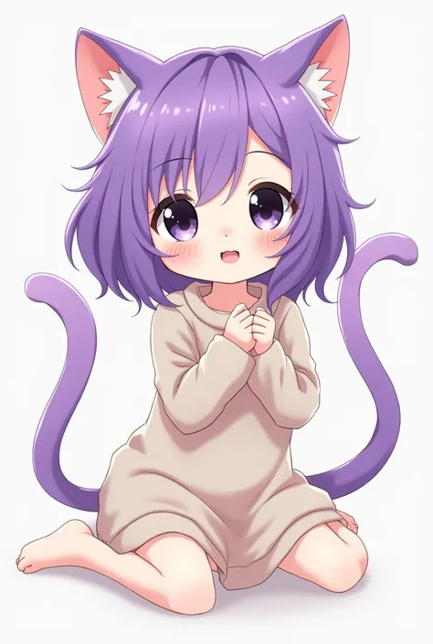 Purple hair anime catguy with tail, cute and black eyes WITH CLOTHES PLZ :///