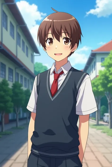 In an anime, I created a young brown man with a buzz cut haircut at Japanese school wearing a smiling uniform