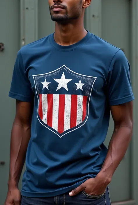 A t-shirt with 2 stars with the shield of the American Institute using the color red and blue
