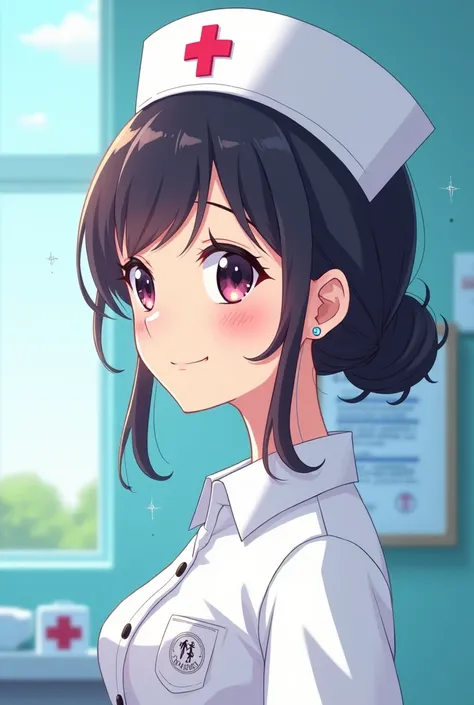 Anime art style, a nurse with hat, sideview
