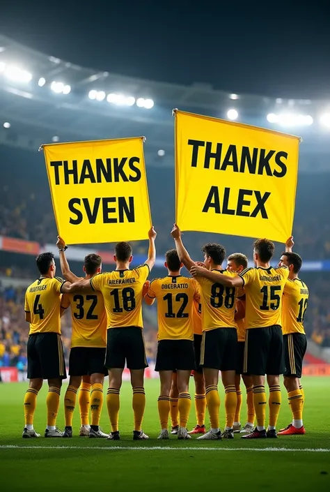 Die Dynamo Dresden Mannschaft steht im Stadion And halten Ser hoch mit der Aufschrift: " Thanks Sven " And "Thanks Alex "