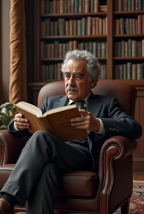 An image of the author of 100 Years of Solitude Gabriel García Basques as if he were reading a book in a library 
