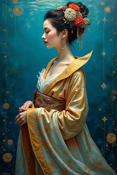  a model for acrylic painting of a woman in profile in the style of Gustav Klimt, dressed in a tight kimono that is opening , stuck in the bottom of the sea ,