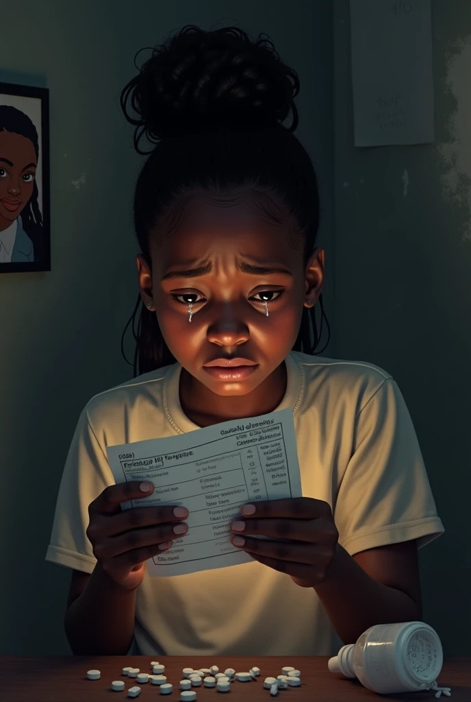 Create a realistic image of A terrified young black school girl staring at a positive HIV test, with tears streaming down her face. The background shows a dimly lit room with a photo of her schoolmates and a bottle of pills knocked over. The mood is heavy ...