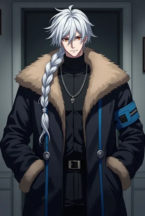  Boy with white hair and many black locks all over his hair, blue-gray eyes,  he wears a Big and Large vest with light brown fur ,  the rest of the coat is black with blue touches . The character is a betting boy , 19 years old,  with very long hair tied i...