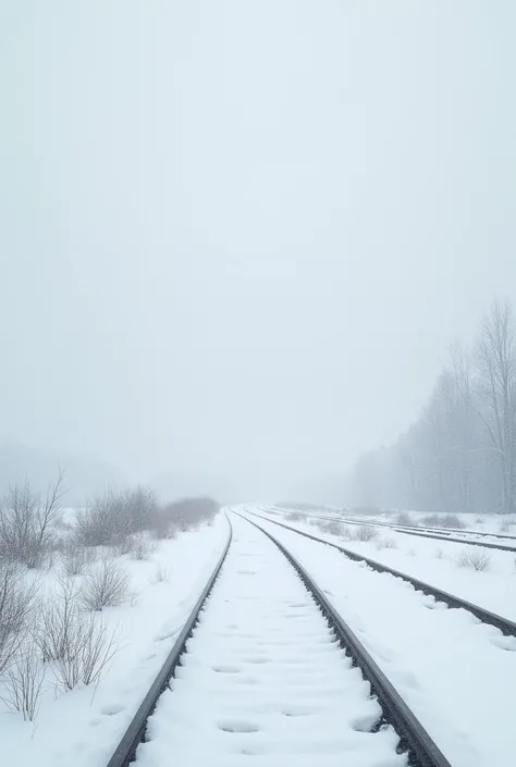 A train track covered with snow in a harsh winter and a cloudy day