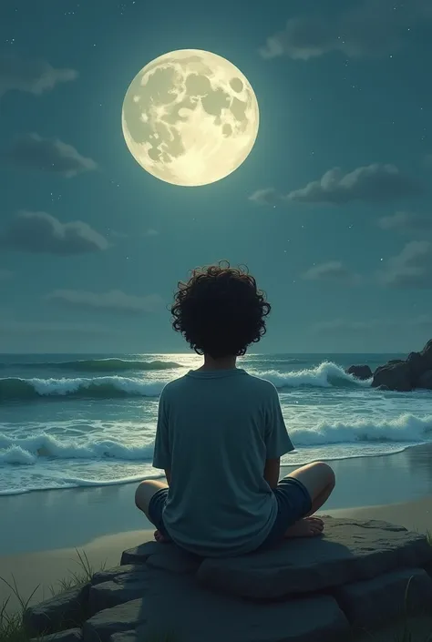 A little curly boy of , sitting on a stone by the beach by the side of the beach, alone and with the full moon, his love is over
