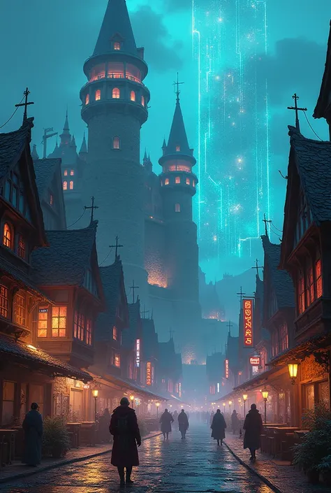 a medieval town , In cyberpunk style, villagers and knights , inns,  and castles in the background,  Full image .